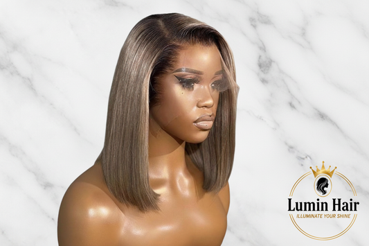 LuminHair™ |Lace Front Ombre Gray-Gold Lace Wig, Short Straight Bob|| 14inch